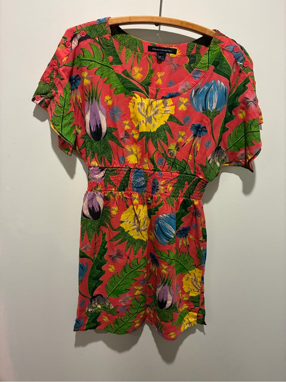 French Connection Linen Cotton Blend Coral Floral Mini Dress Size 4